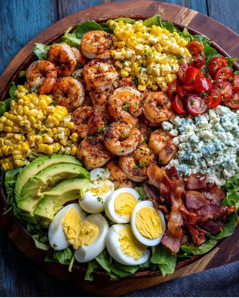 salată cu creveți avocado bacon porumb și ouă